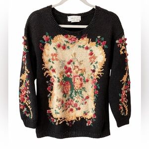 Vintage Hand Knit Tapestry Floral Sweater Cottagecore Boho Black M GrandmaCore